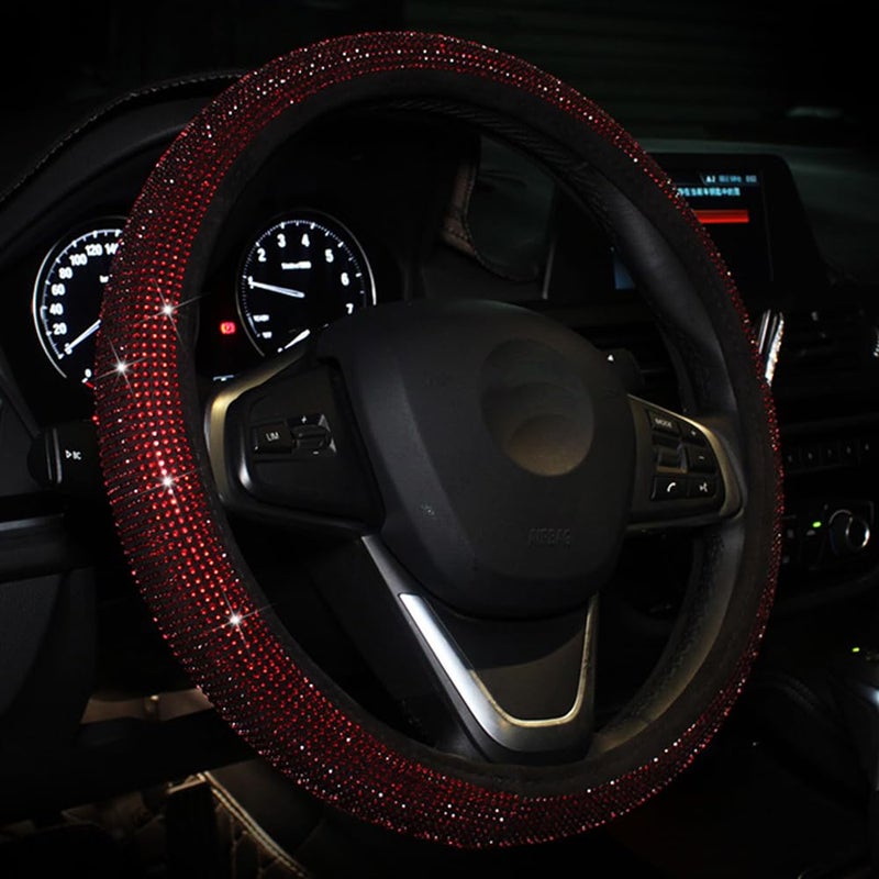 CARWALES Car Bling Steering Wheel Cover for Women Girls Burgundy 15 Inch Universal Red Crystal Rhinestone Diamonds Bling Bling Accessories Anti-Slip Wheel Protector - Image 2